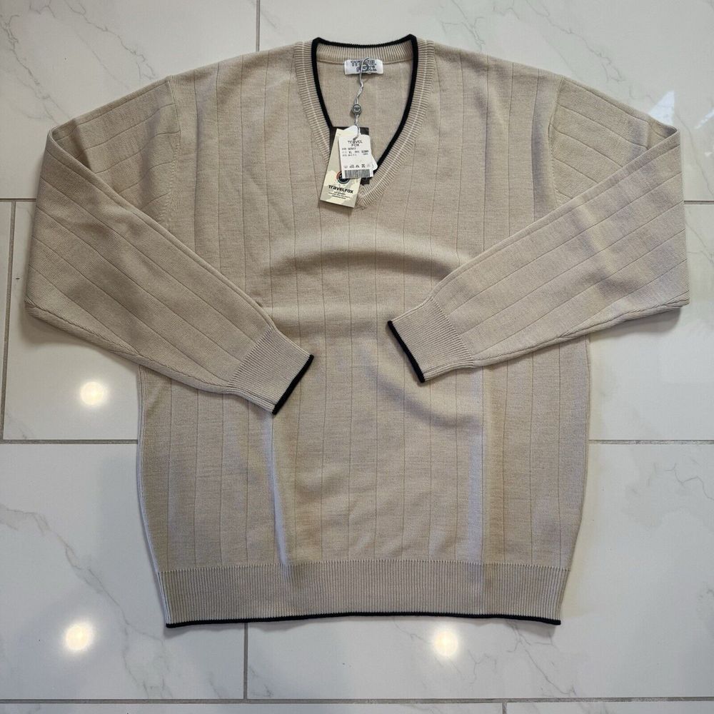 Travel Fox Merino Wool Sweater 100% Merino Wool V-Neck Beige Mens Size‎ XL NWT